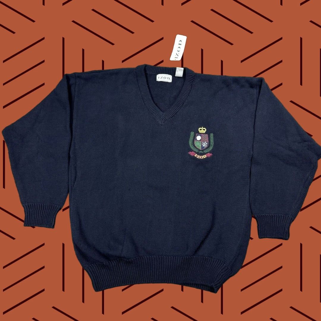 Izod VINTAGE IZOD 80S EMBROIDERED CREST V-NECK PULLOVER SWEATER L NAVY COTTON MENS Size US L / EU 52-54 / 3 - 1 Thumbnail