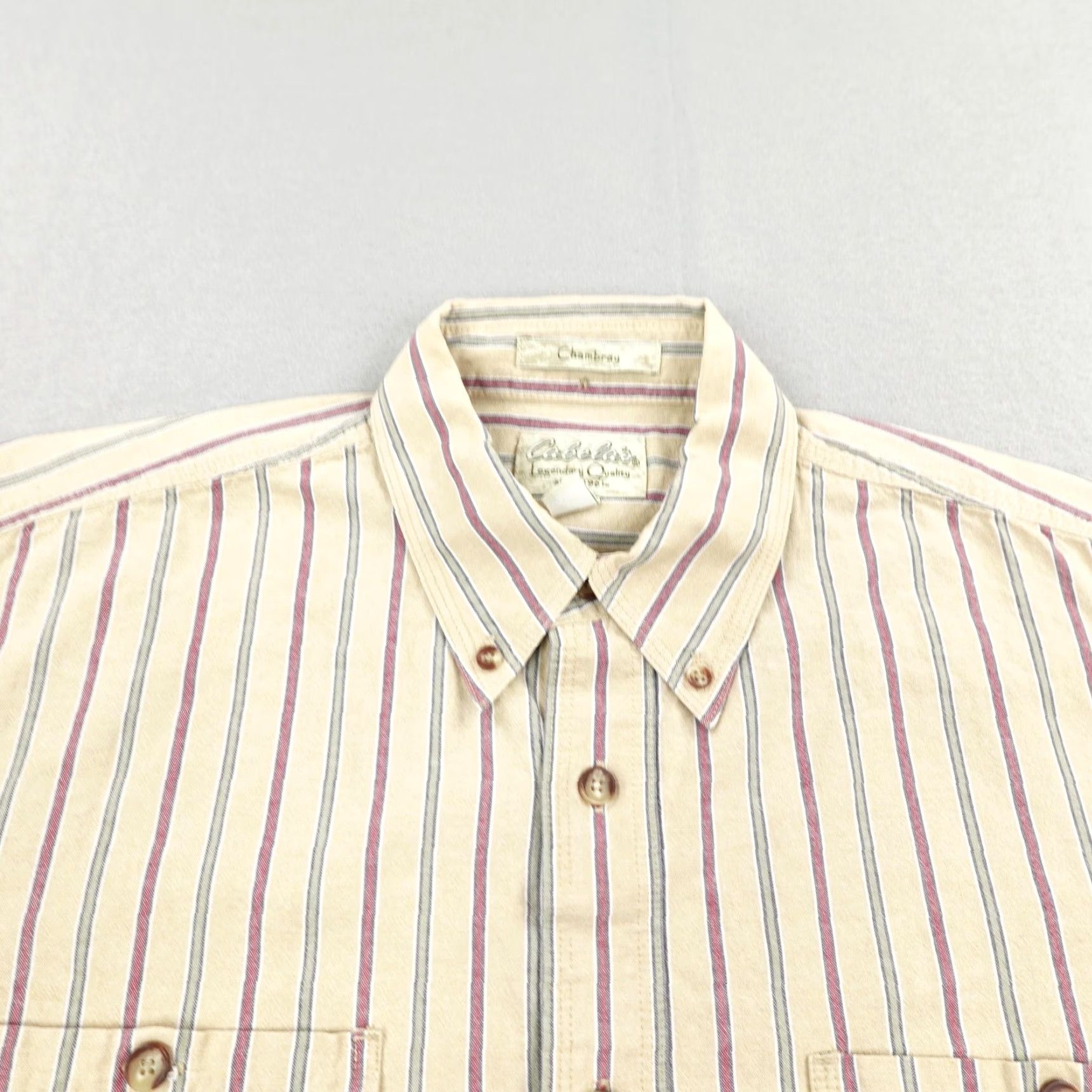 Vintage Cabelas Shirt Mens Medium Beige Striped Button Up Chambray Short Sleeve Outdoors Size US M / EU 48-50 / 2 - 2 Thumbnail