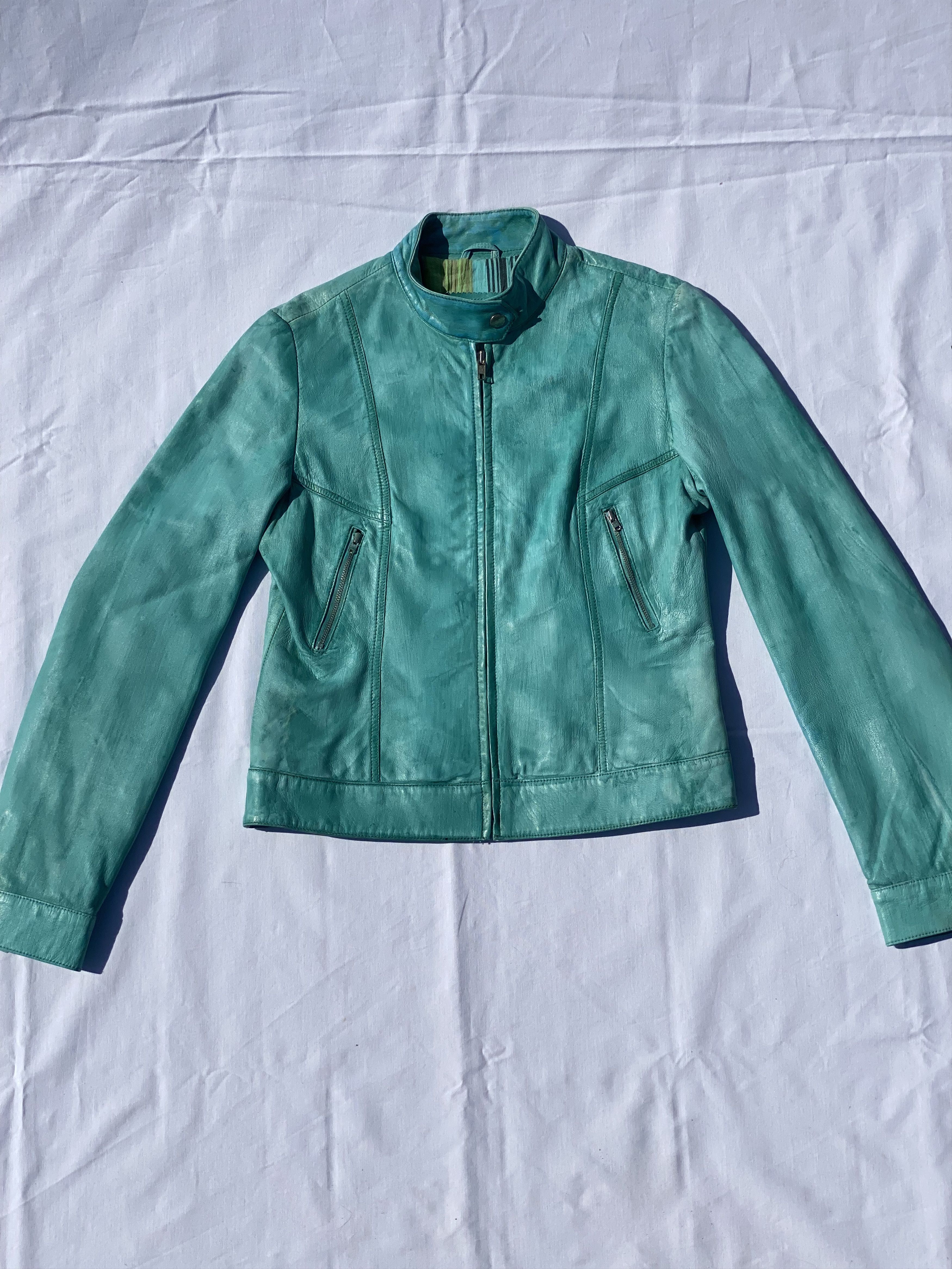 image of Vera Pelle Painted Leather Jacket in Turquoise, Women's (Size Medium)