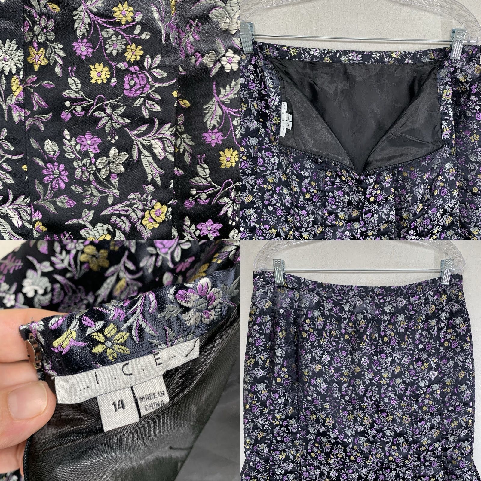 Gloverall ICE Women Skirt 14 Short Mini Purple Black All Over Floral Gothic Maleficent Zip Dry Clean Only Satin Nylon Polyester Vintage No Size 36" / US 14 / IT 50 - 8 Thumbnail