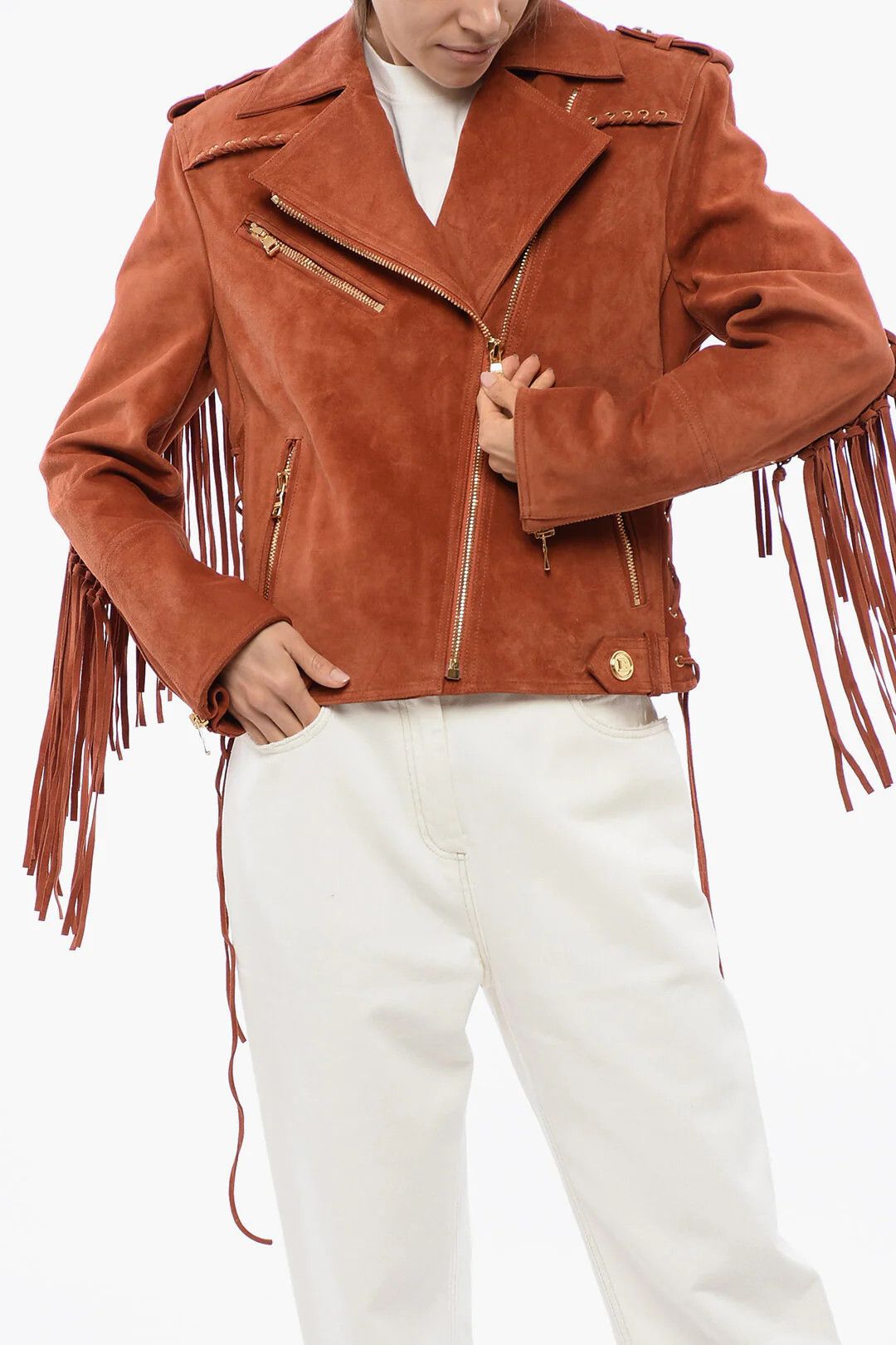 Balmain og1mm0326 Fringed Suede Biker Jacket in Orange Size M / US 6-8 / IT 42-44 - 1 Thumbnail
