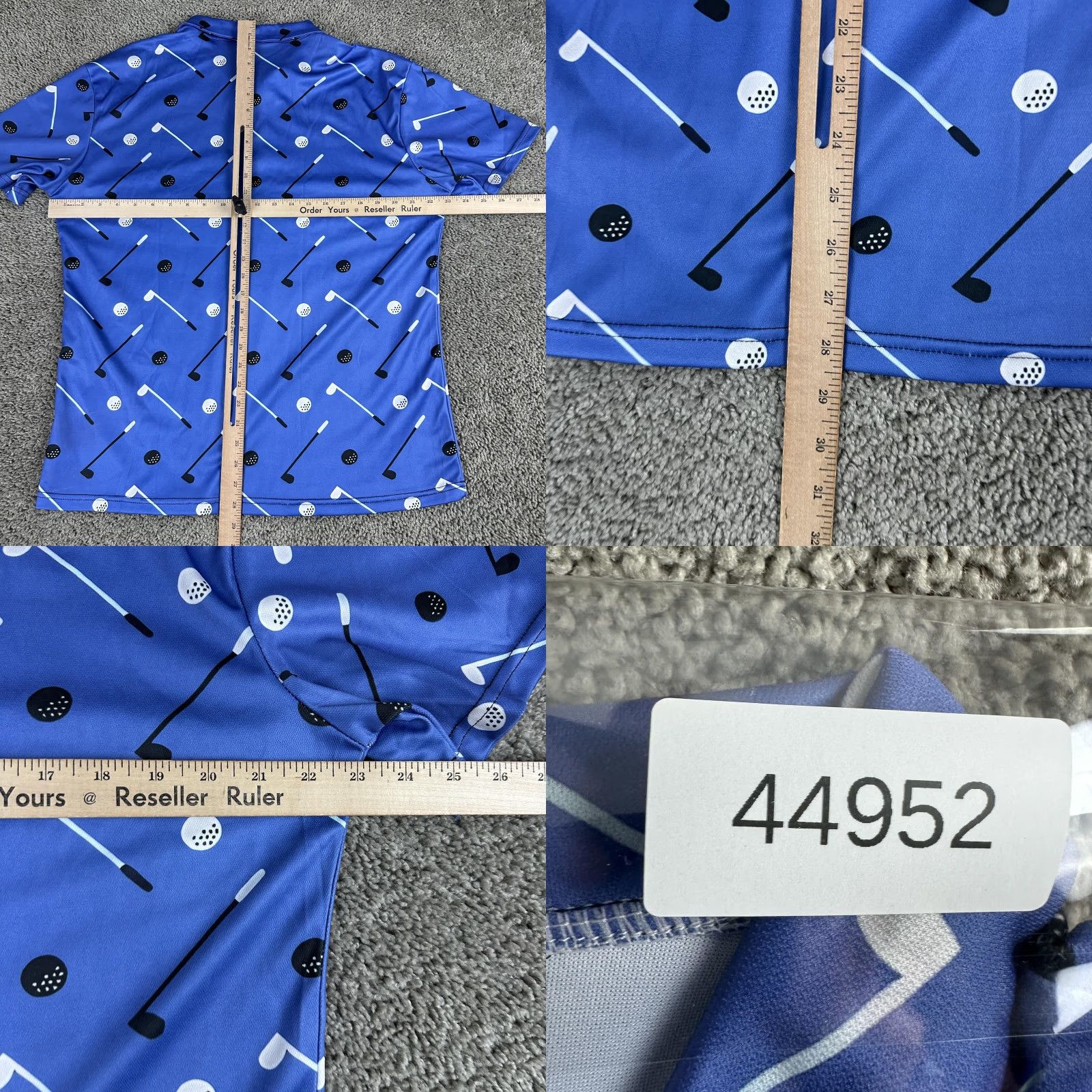 Vintage Golf Polo Shirt Mens Large Blue All Over Print Clubs Balls Novelty Short Sleeve Size US L / EU 52-54 / 3 - 8 Thumbnail
