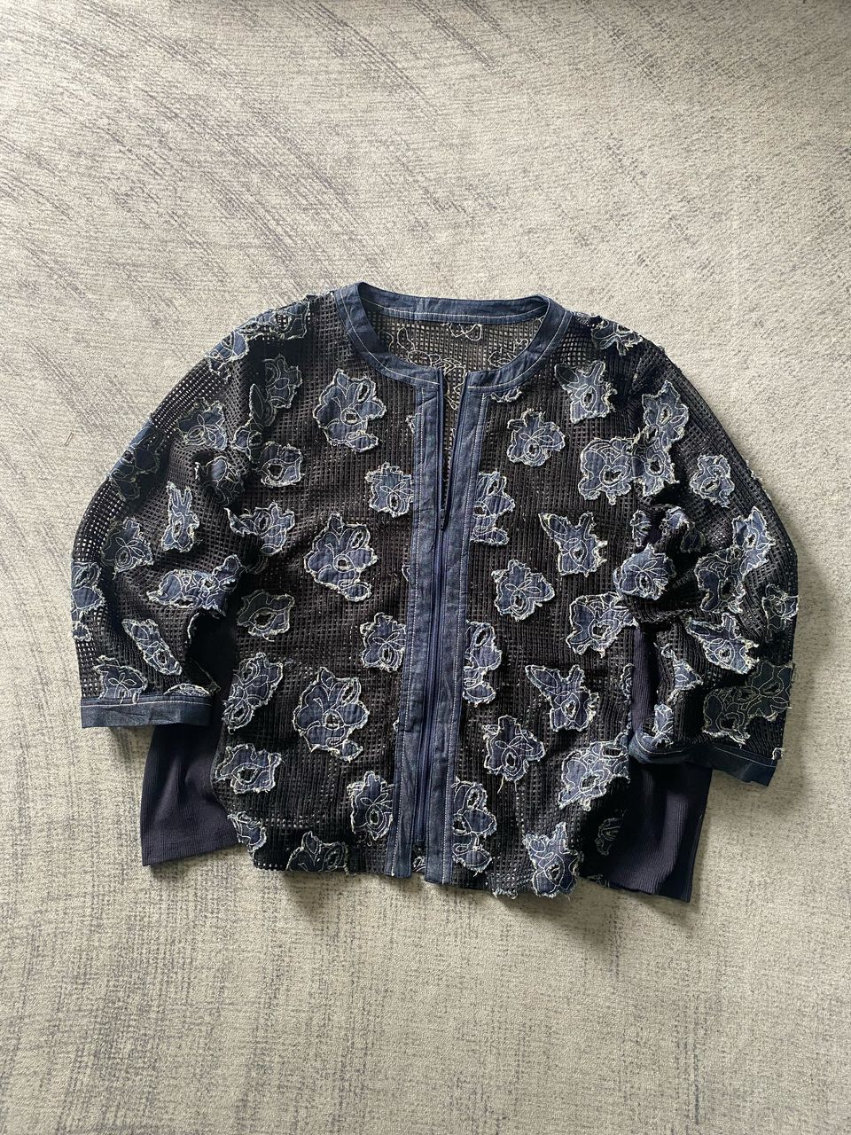 Jean × Le Grande Bleu (L.G.B.) Jean Crement Mash Floral Motive Indigo Boxy Cardigan Jacket Size L / US 10 / IT 46 - 1 Thumbnail