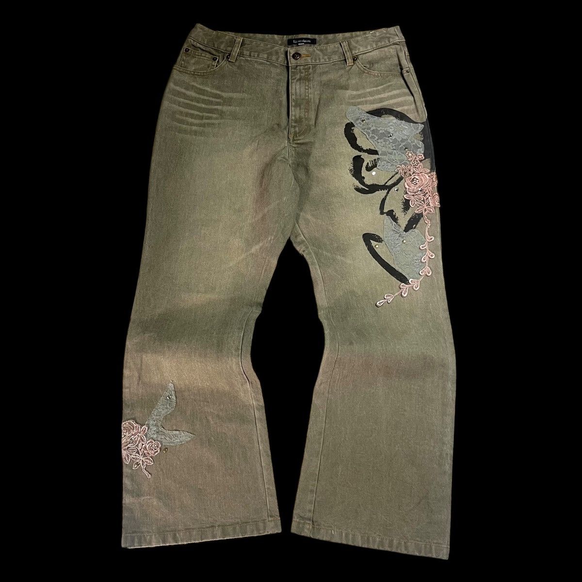 00s- Livre Claire embroidery flower flare denim