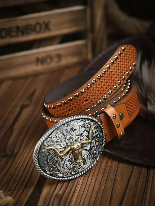 Japanese Brand Bull Head Skull Western Denim Belt Brown Size ONE SIZE - 2 Thumbnail