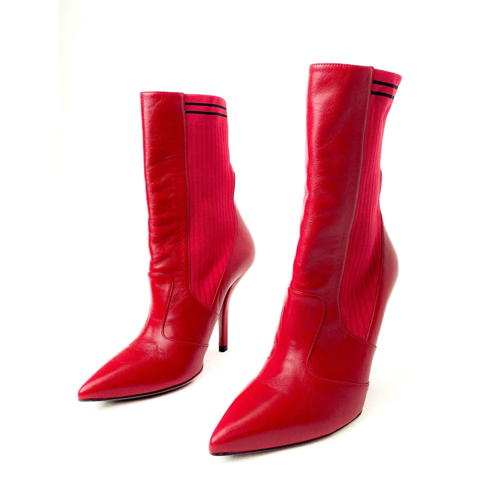 Fendi Red Leather And Knit Rockoko Ankle High Heel Boots Size US 8.5 / IT 38.5 - 6 Thumbnail