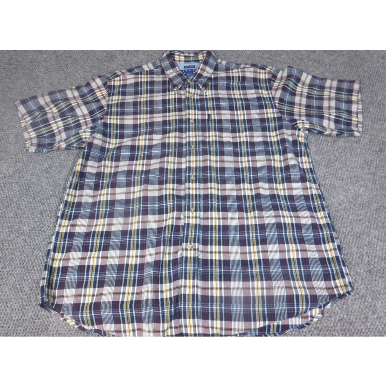 Izod IZOD Shirt Button-Up Mens Large Blue Plaid Short Sleeve Classic Collar Down Casual Regular Button-Navy Blue, Cotton, Knit, Breathable, Vintage: No Size US L / EU 52-54 / 3 - 3 Thumbnail