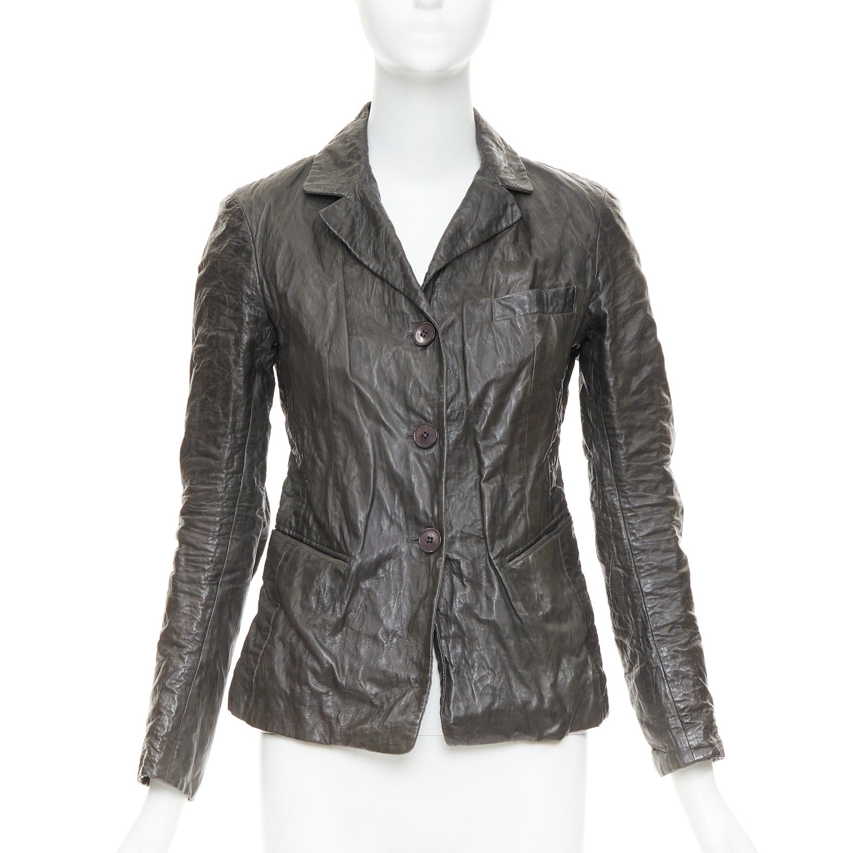 Donna Karan DONNA KARAN dark taupe crinkled lambskin leather blazer jacket IT38 XS Size S / US 4 / IT 40 - 1 Thumbnail