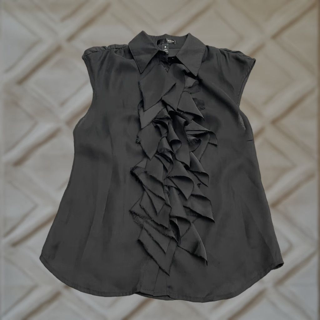 Aqua Blouse Womens XS Black Sleeveless Button Down Ruffles Top