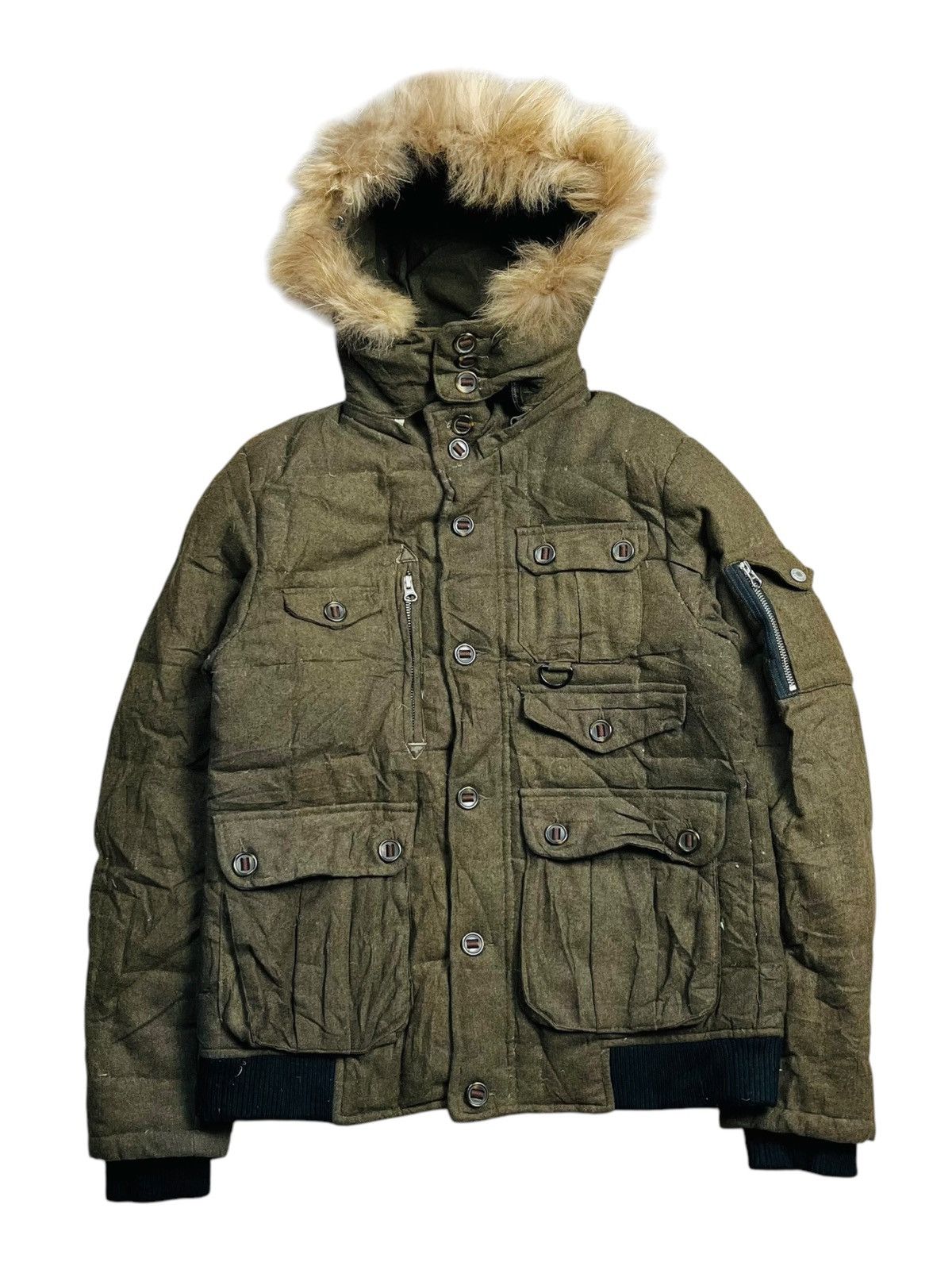 2000s Simplicite - Fur Raccoon Hoodie Wool Cargo Jacket