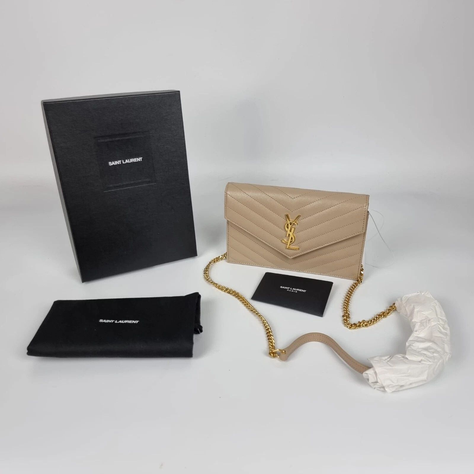 Saint Laurent Paris YSL Cassandre Envelope Dk Beige Grained Chain Wallet Size ONE SIZE - 3 Thumbnail