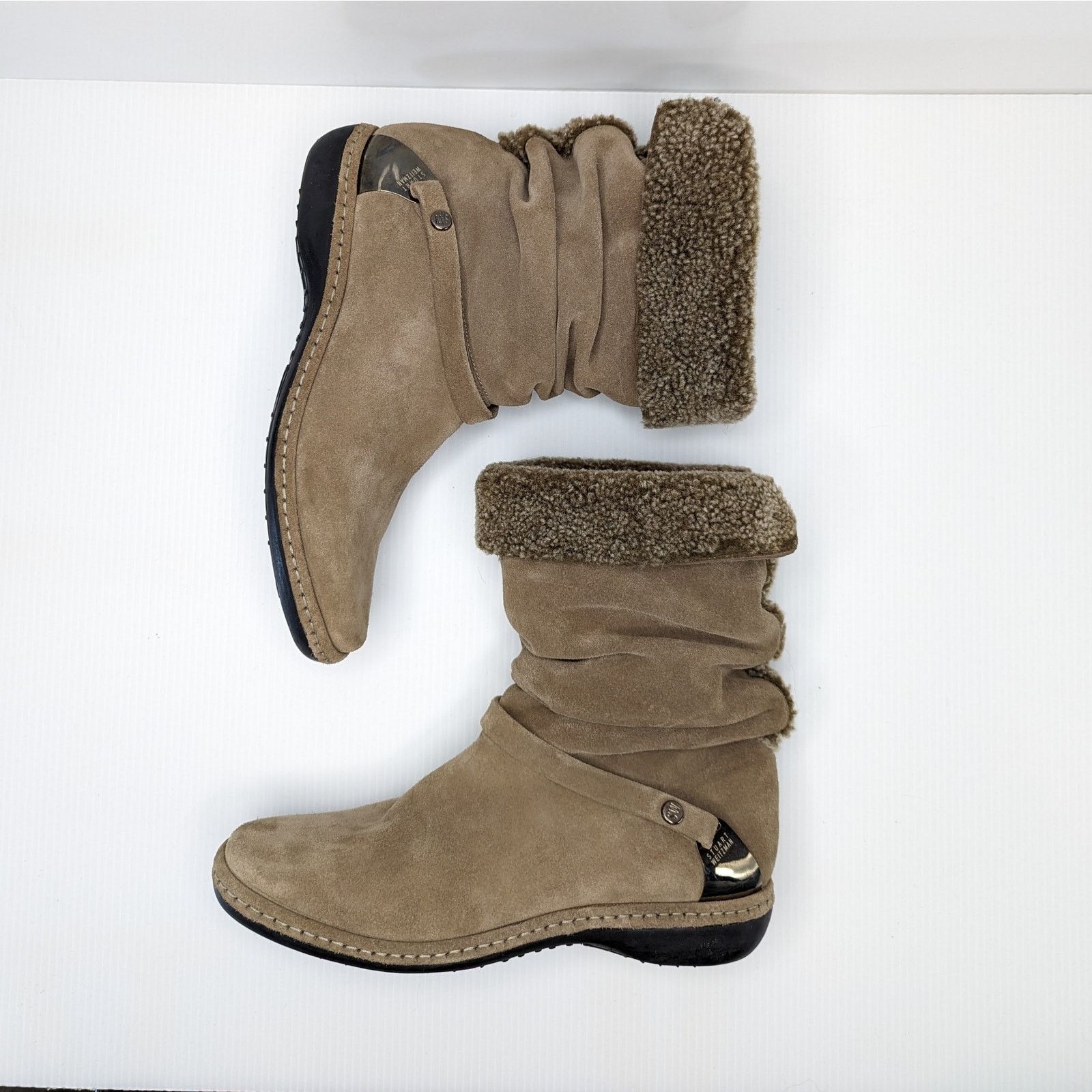 Stuart Weitzman pull-on fur-lined taupe suede booties size 6 Size US 6 / IT 36 - 1 Thumbnail