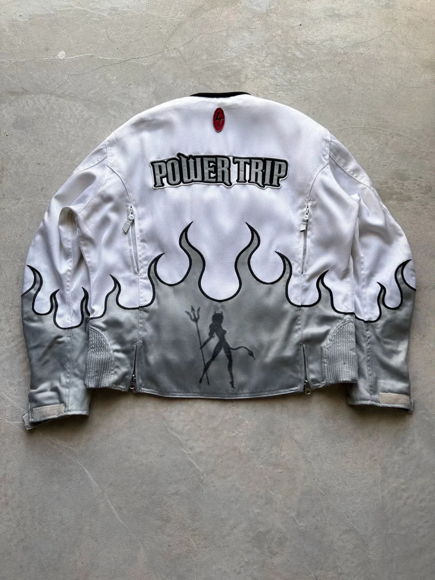Vintage Vintage 00s Power Trip White Flame Biker Jacket. Size US XL / EU 56 / 4 - 8 Thumbnail