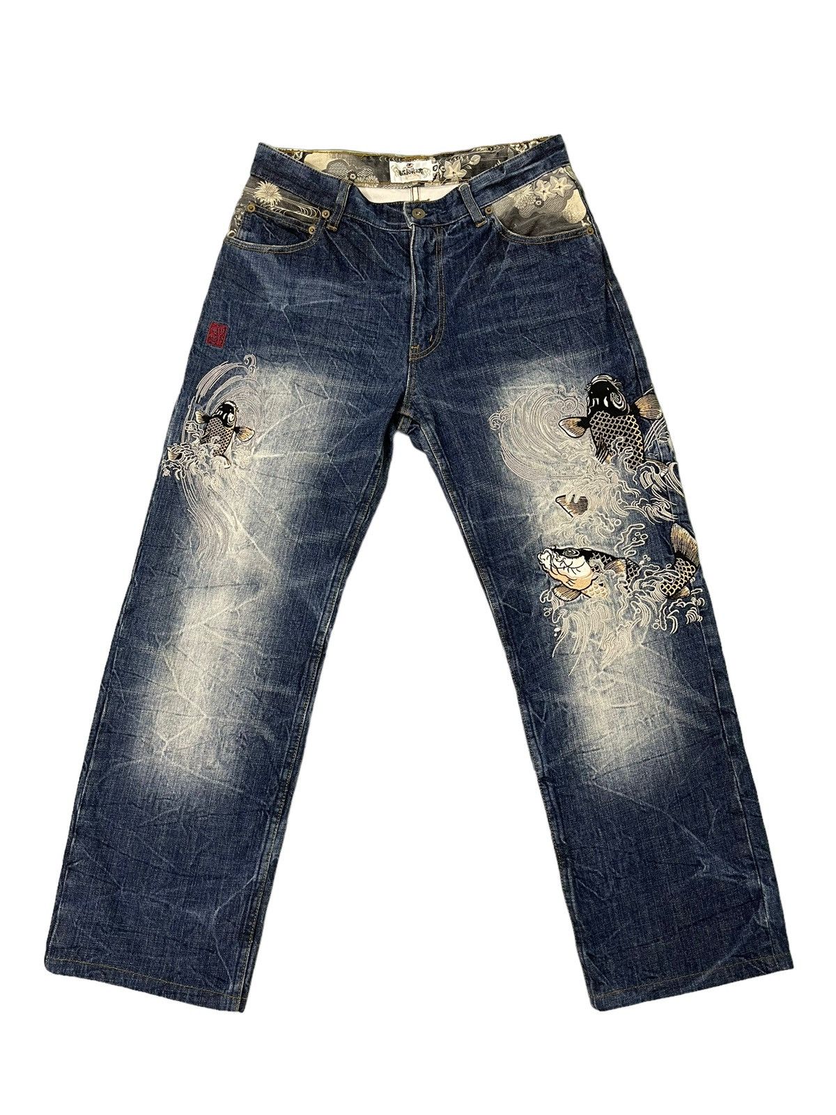 Japanese Brand Embroidery Jeans Kara Kuri Tamashi Koi Fish Regular Fit 6🟦6 Size US 31 - 1 Thumbnail