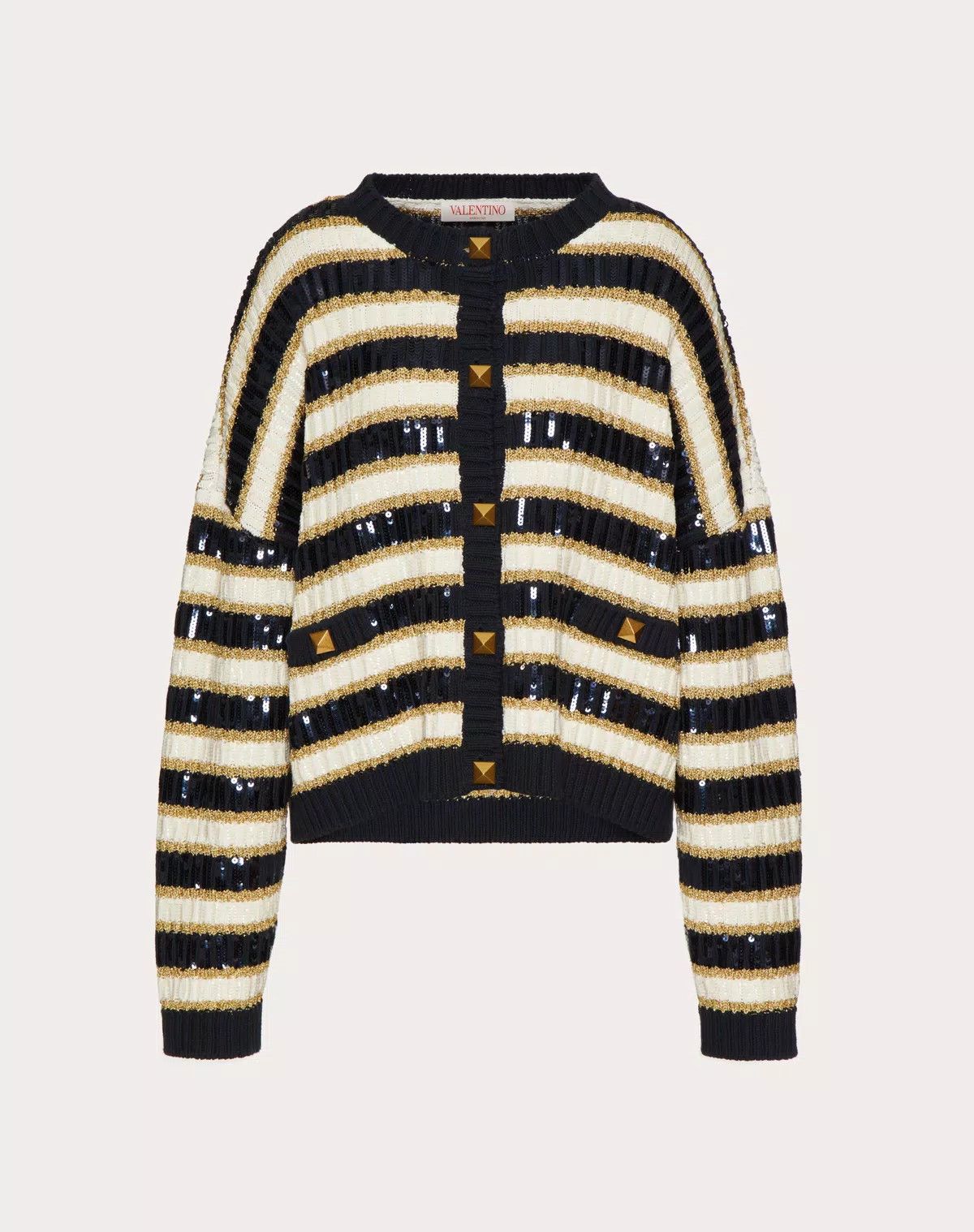 Valentino o1s1wg110925 Embroidered Knit Jacket in Nevy Blue/Avorio Size L / US 10 / IT 46 - 1 Thumbnail