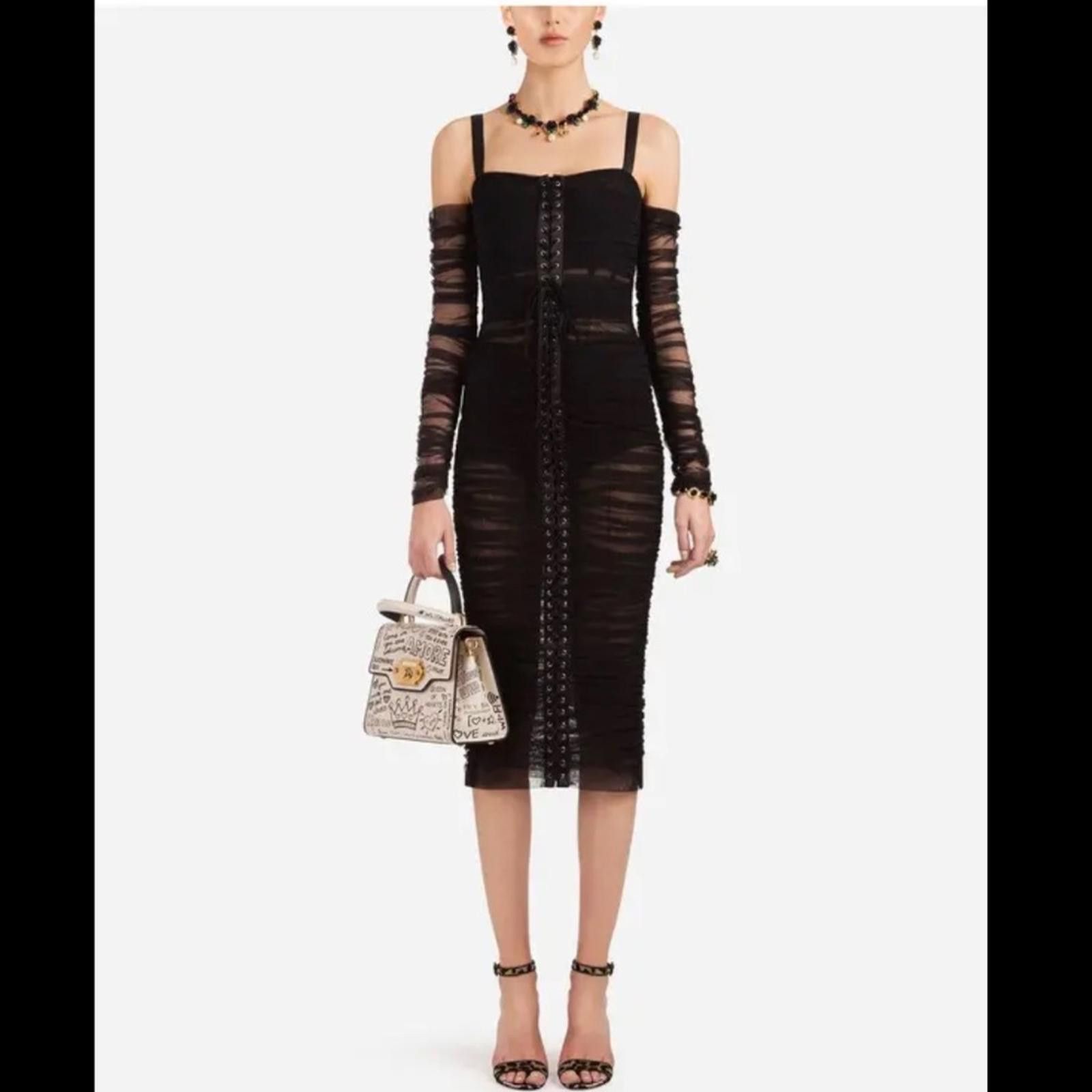 Dolce & Gabbana Dolce & Gabbana LACE-UP STRETCH-TULLE MIDI DRESS IN BLACK Size XS / US 0-2 / IT 36-38 - 4 Thumbnail