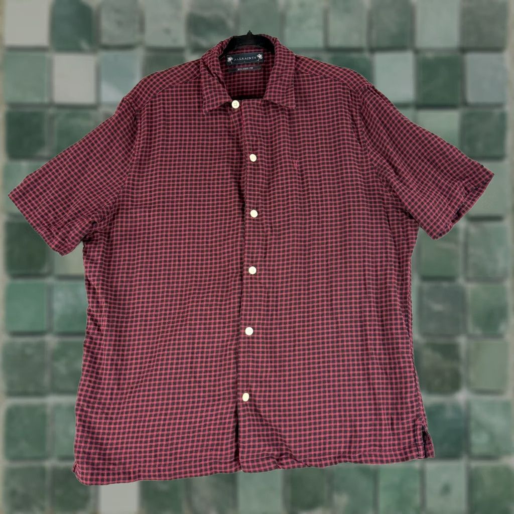 Allsaints AllSaints Glendale Shirt Mens Large Red Black Gingham Relaxed Fit Wool SS Size US L / EU 52-54 / 3 - 1 Thumbnail
