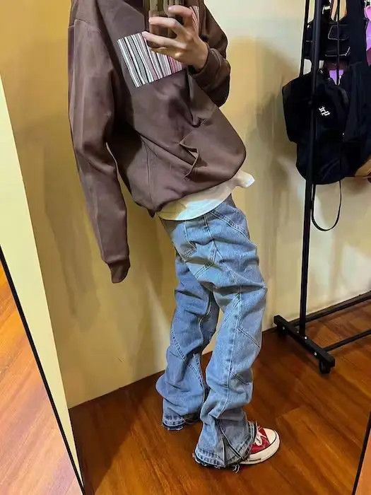 VIBE Vintage Distressed Micro Flare Zip Jeans Size US 32 / EU 48 - 4 Thumbnail