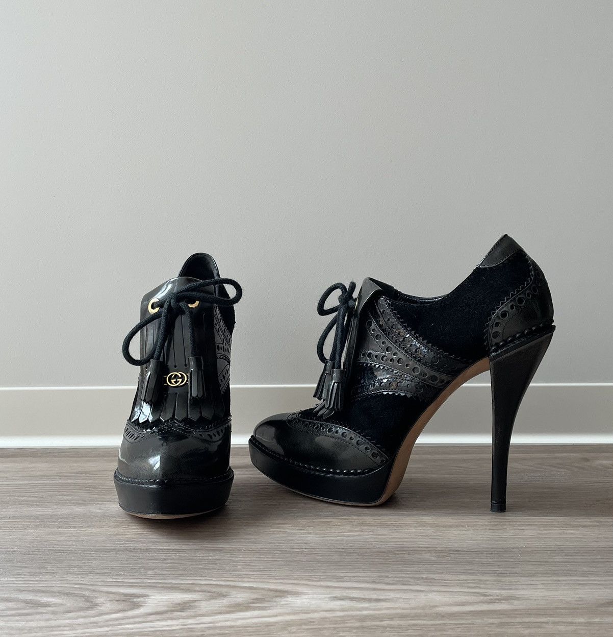 image of Gucci Black Leather Wimbledon Tassels Brogue Platform Boots, Women's (Size 8)