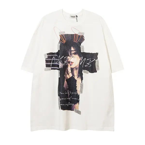 Japanese Brand Kan Fashion cross anime girl print men's loose t-shirt Size US L / EU 52-54 / 3 - 1 Thumbnail