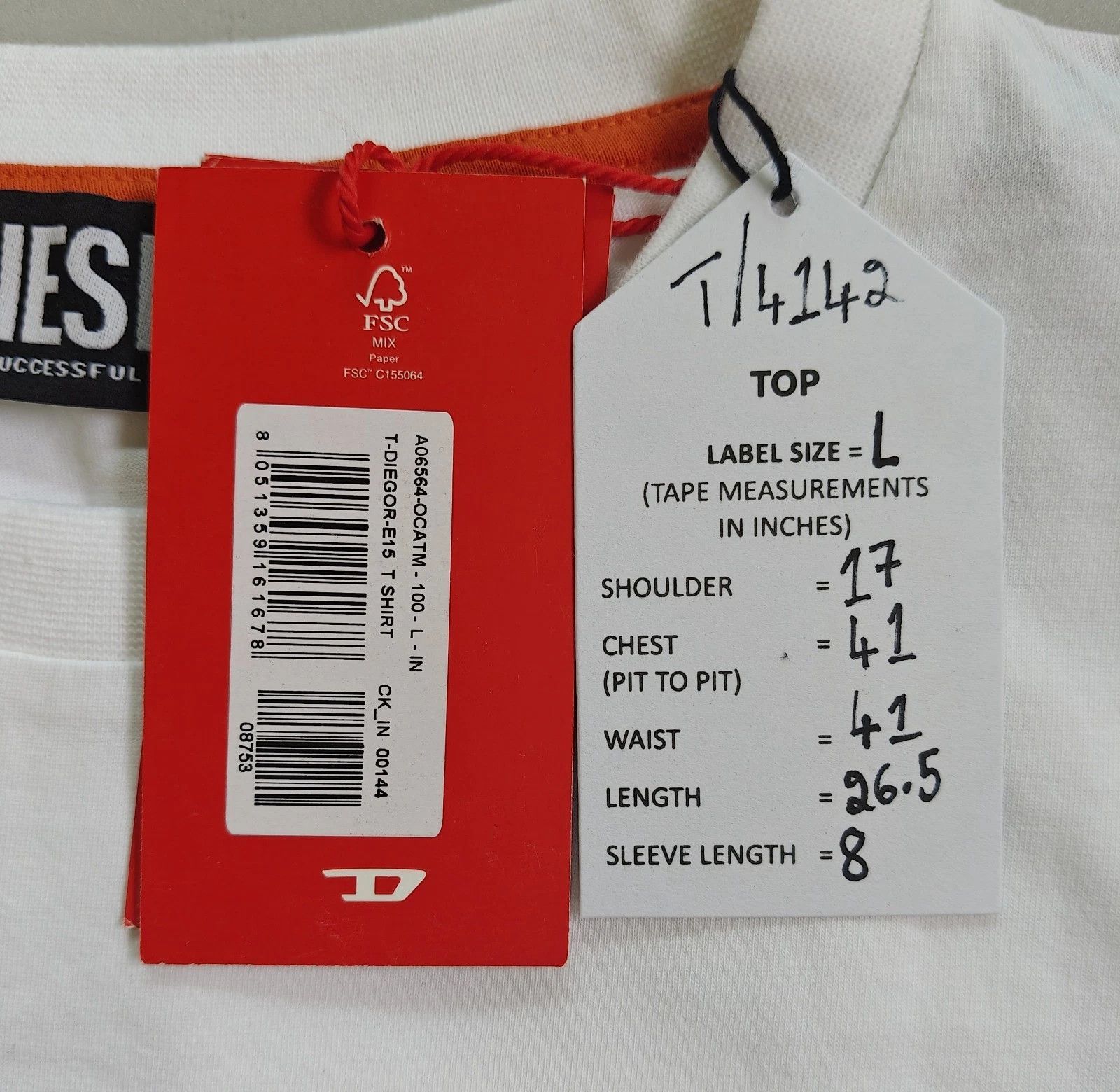 Diesel DIESEL White T-Shirt With Logo Patch T 4142 Size US L / EU 52-54 / 3 - 5 Thumbnail