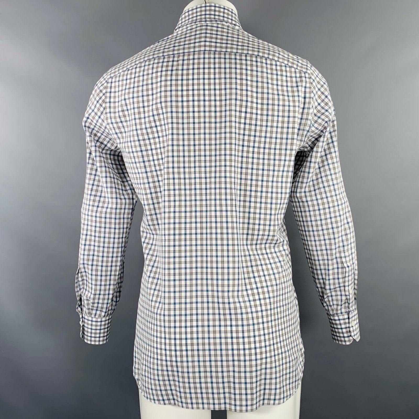 Isaia White Green Plaid Cotton Spread Collar Long Sleeve Shirt Size US M / EU 48-50 / 2 - 4 Thumbnail