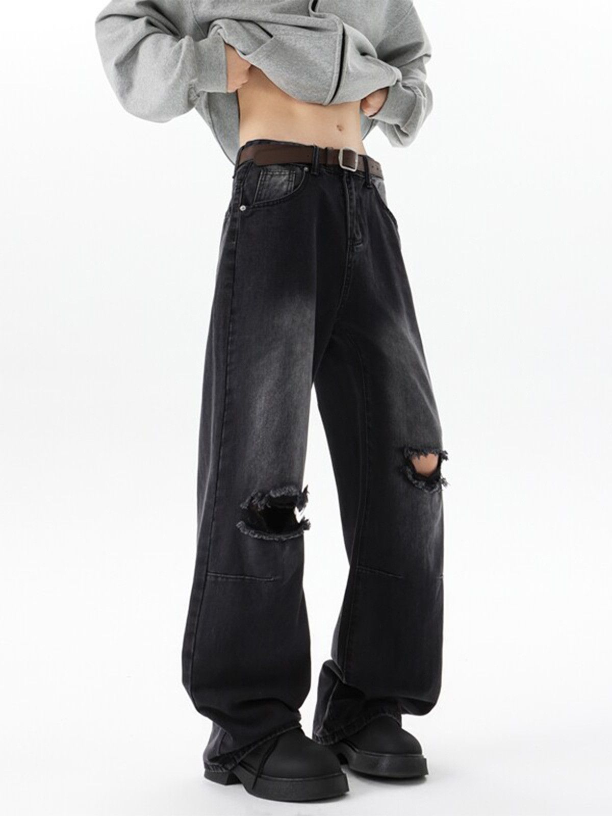 Japanese Brand Street men's retro washed distressed straight ripped jeans Size US 32 / EU 48 - 3 Thumbnail
