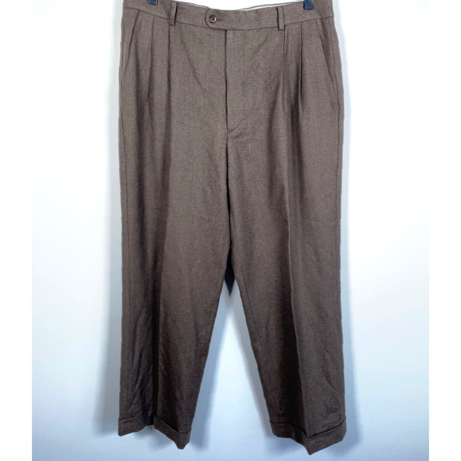 Zanella Zanella Mens Dress Pants Brown Wool Cuffed Pleated 33 x 26 Zip Fly 34 Regular Inseam 26 in Italy Vintage No Size US 33 - 2 Thumbnail