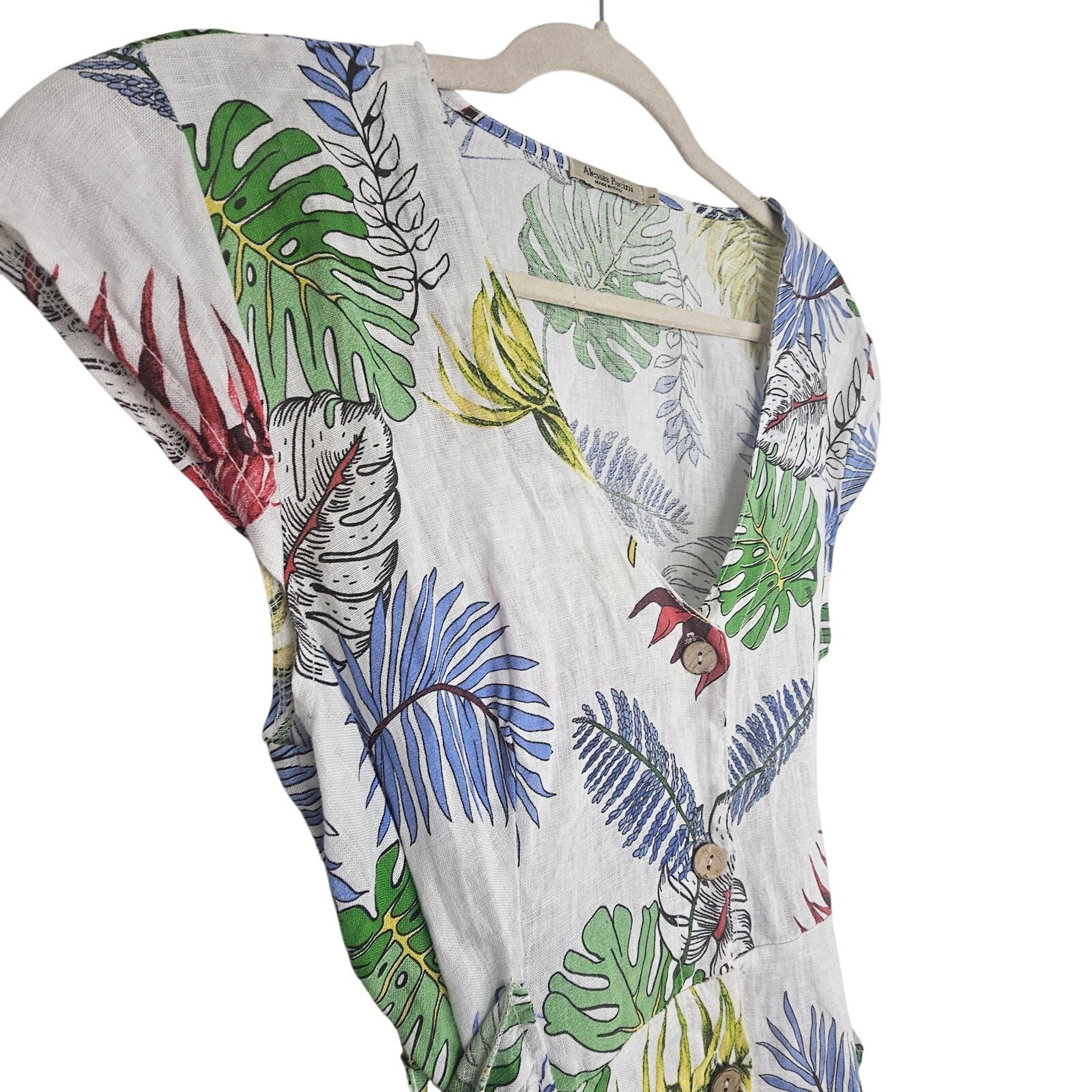 Alessia Pacini Floral Leaf Print Linen Dress L Travel Beach