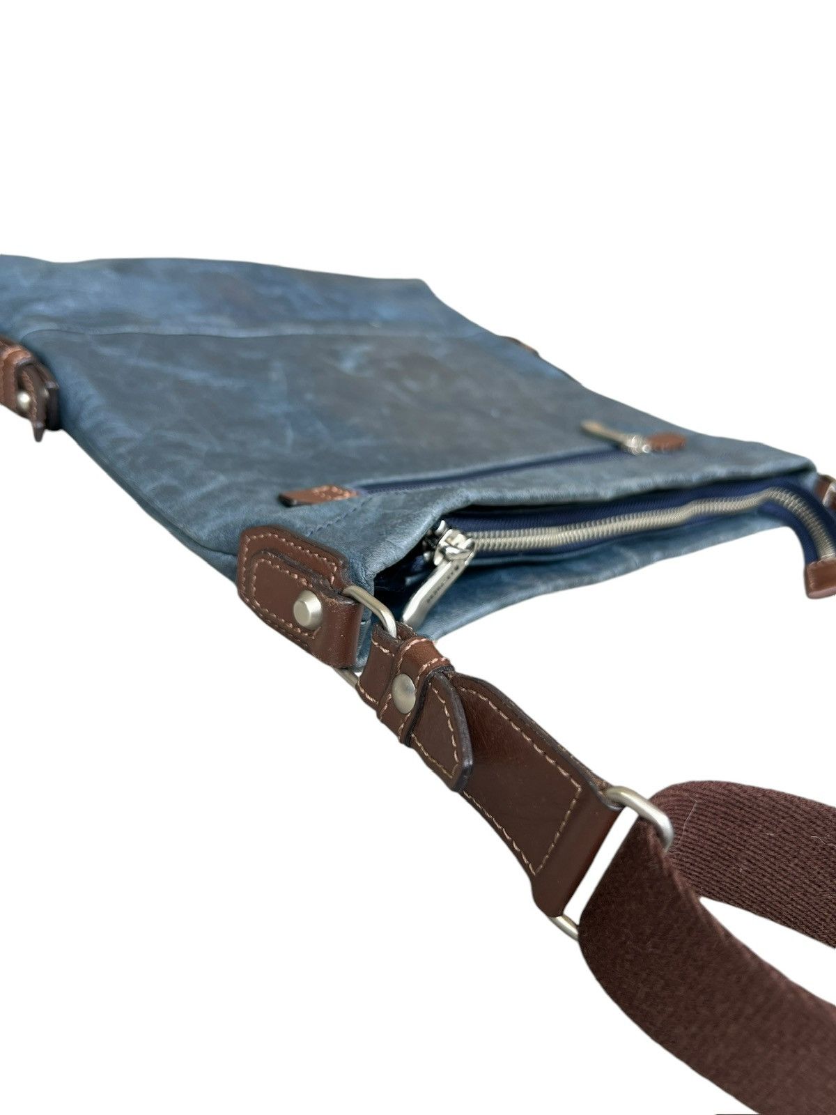 Japanese Brand Artphere Japan Distressed Faded Blue Leather Sling Bag Size ONE SIZE - 9 Thumbnail