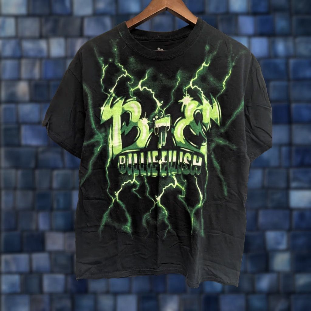Vintage Billie Eilish T-Shirt Green Lightning Black Crew Neck Short Sleeve Unisex Adults L Graphic Print Tour Merchw Size US L / EU 52-54 / 3 - 1 Thumbnail