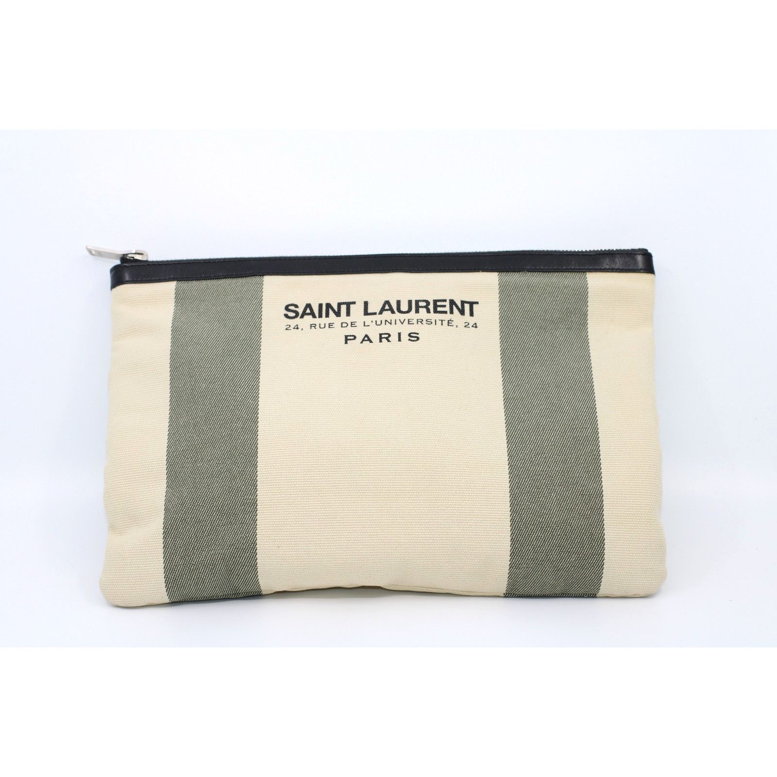 Saint Laurent Paris Saint Laurent Clutch Bag Pouch Beige Khaki Canvas Leather Size ONE SIZE - 1 Thumbnail