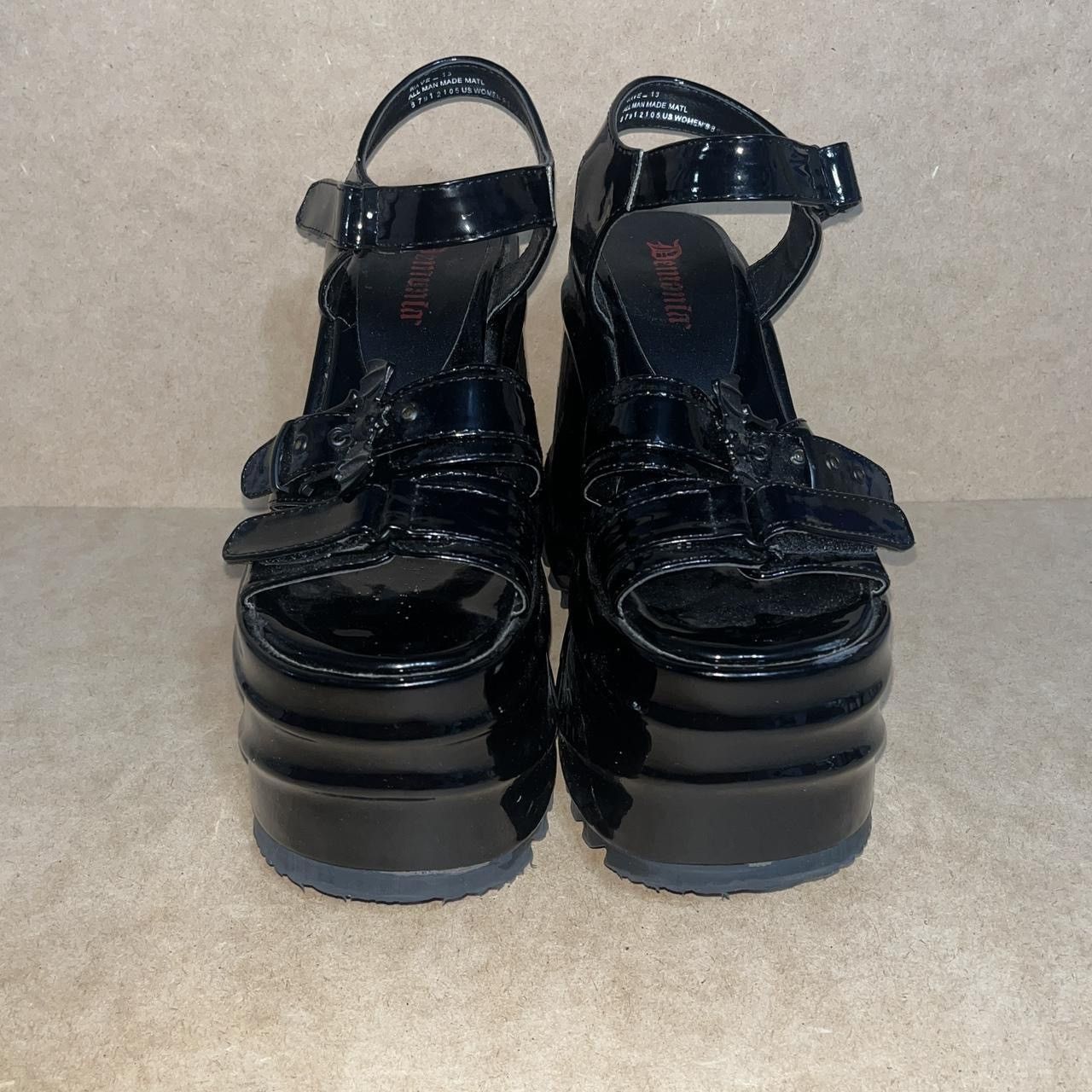 Demonia Wave 13 Goth Bat Buckle Sandals Shoes shiny Black