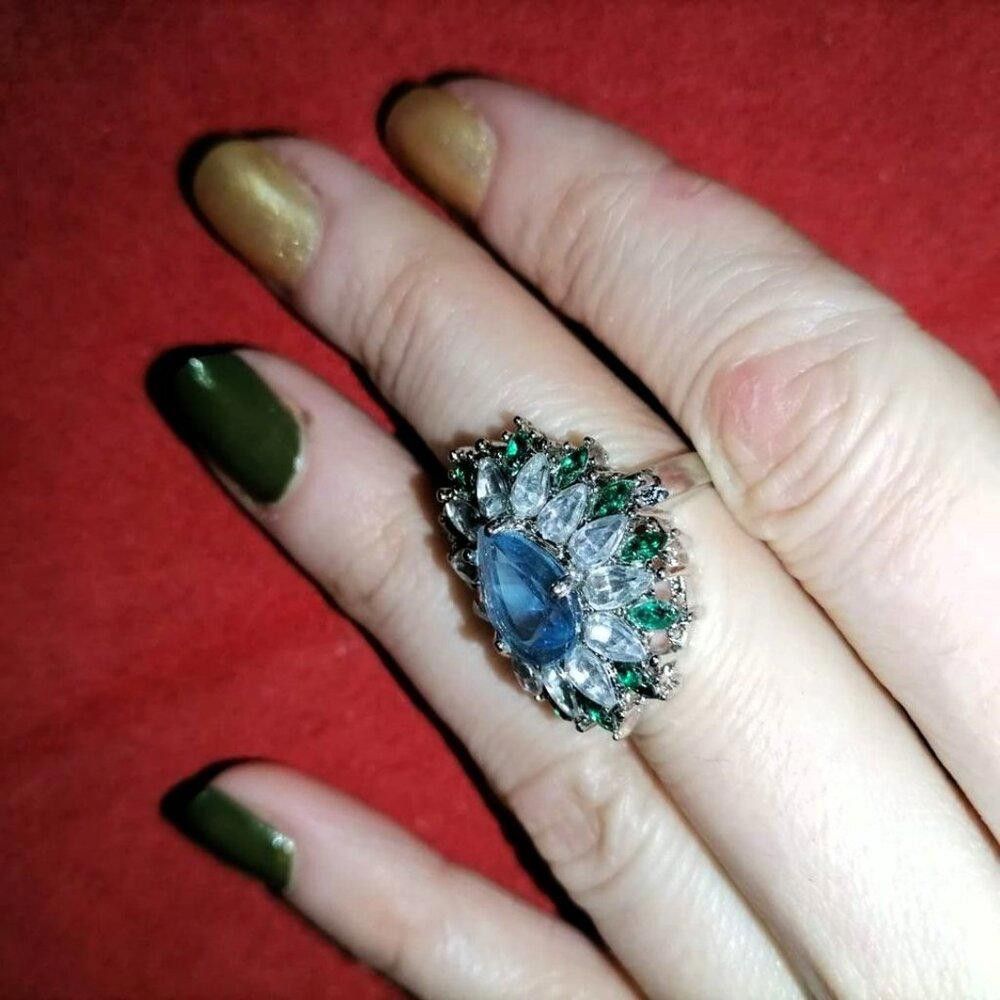 Designer 25mm Pear Cut Blue Water Drop Topaz Flower Ring - Size 6 Size ONE SIZE - 2 Thumbnail