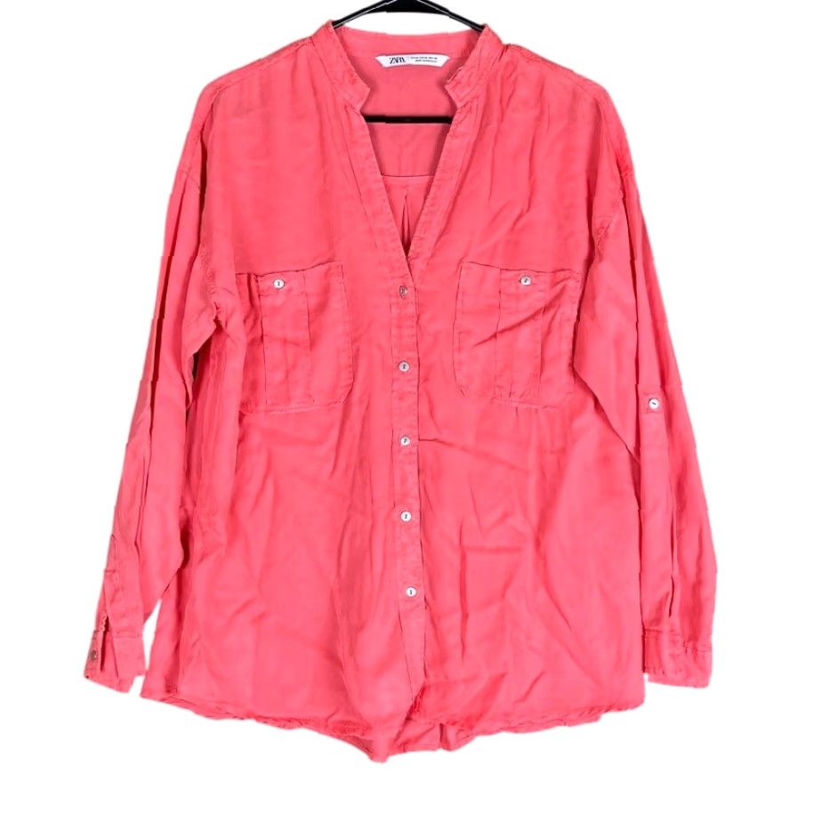 Zara Zara Womens Blouse V Neck Button-Down Long Sleeve M Coral Utility Shirt Womens Medium Coral V-Neck Button-Down Long Sleeve Blouse Size M / US 6-8 / IT 42-44 - 2 Thumbnail