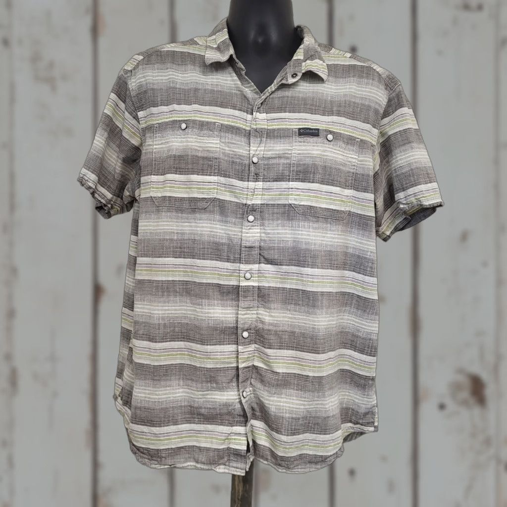 Vintage Columbia Shirt Men XL Gray/White/Lime Green Striped Cotton Button Down Shirt - Button-Up, Short Sleeve, Classic Outdoor Workwear Size US XL / EU 56 / 4 - 1 Thumbnail