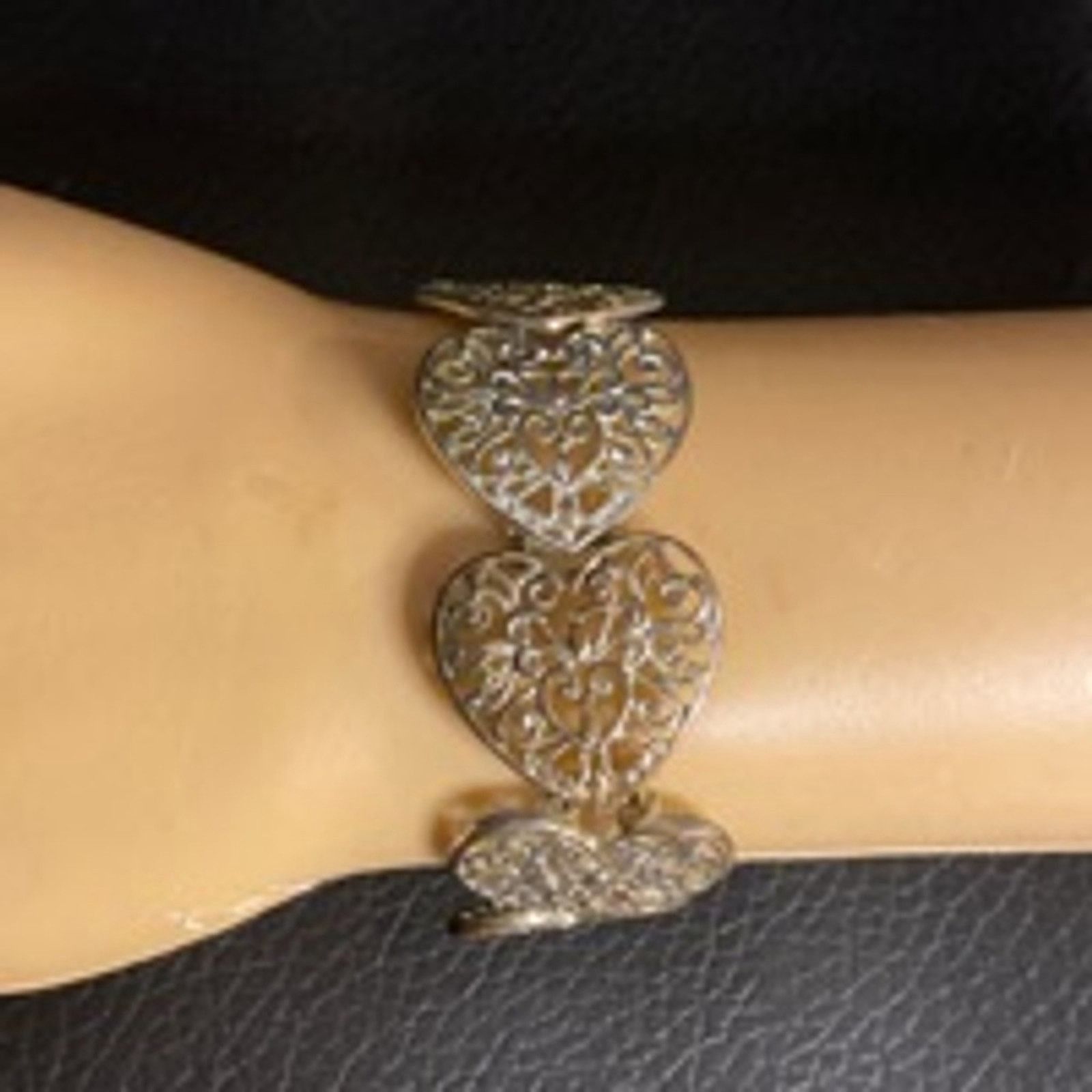 Vintage Vintage Boho Filigree Heart Link Silver Tone Bracelet Size ONE SIZE - 3 Thumbnail