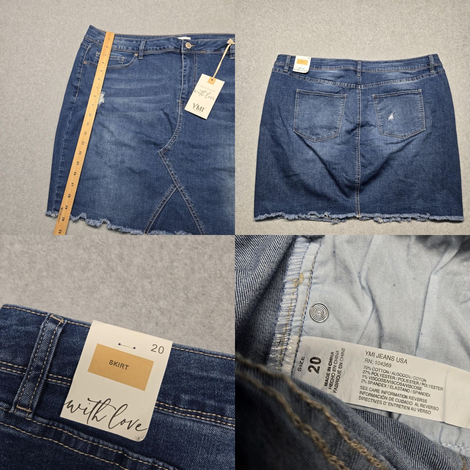 Denime YMI Skirt Womens 20 Blue Stretch Denim Distressed Frayed Hem Front Slit NWT Size 42" / US 20 - 8 Thumbnail