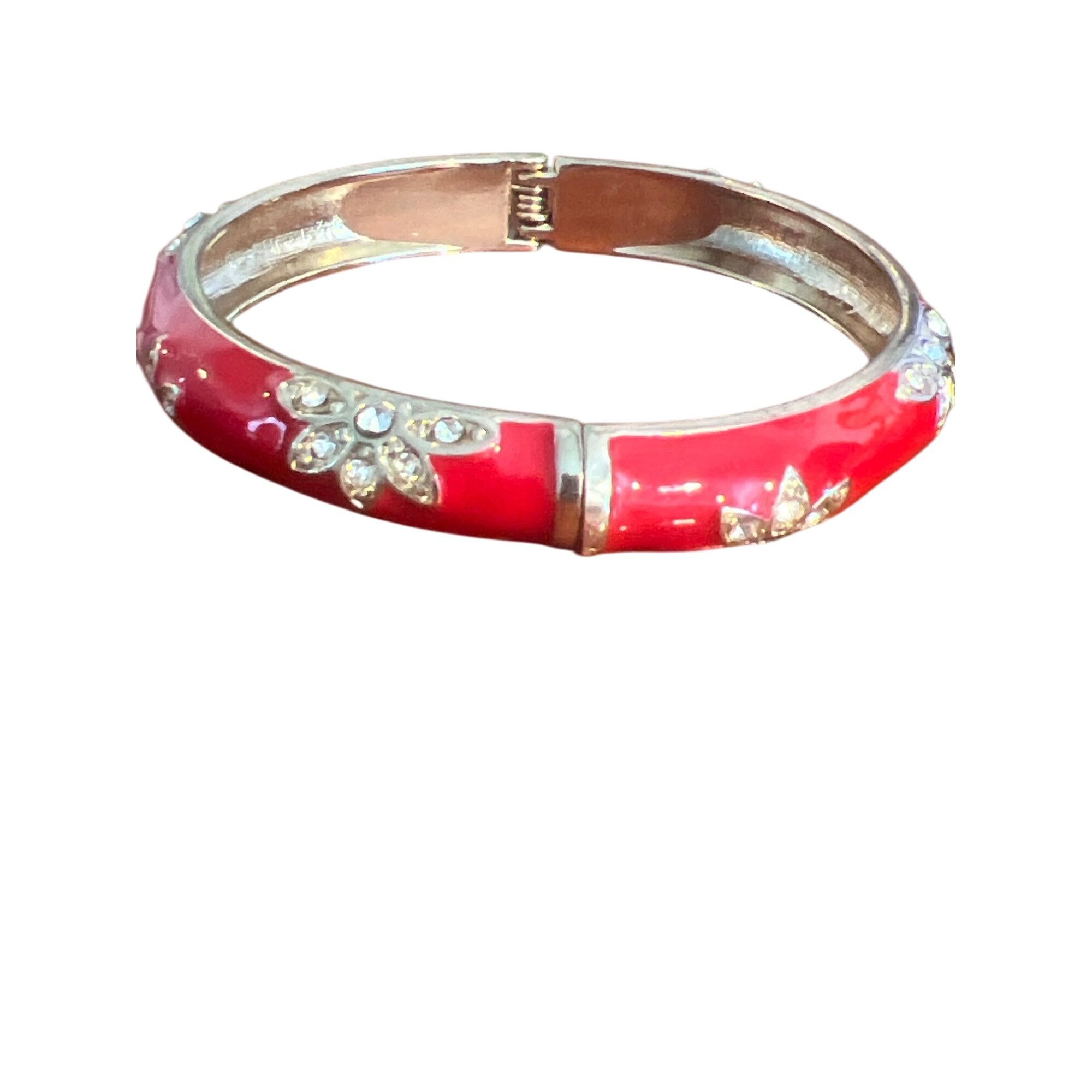 Other Vintage Gold Tone Red Enamel Clamper Bracelet Flowers Clear Size ONE SIZE - 3 Thumbnail