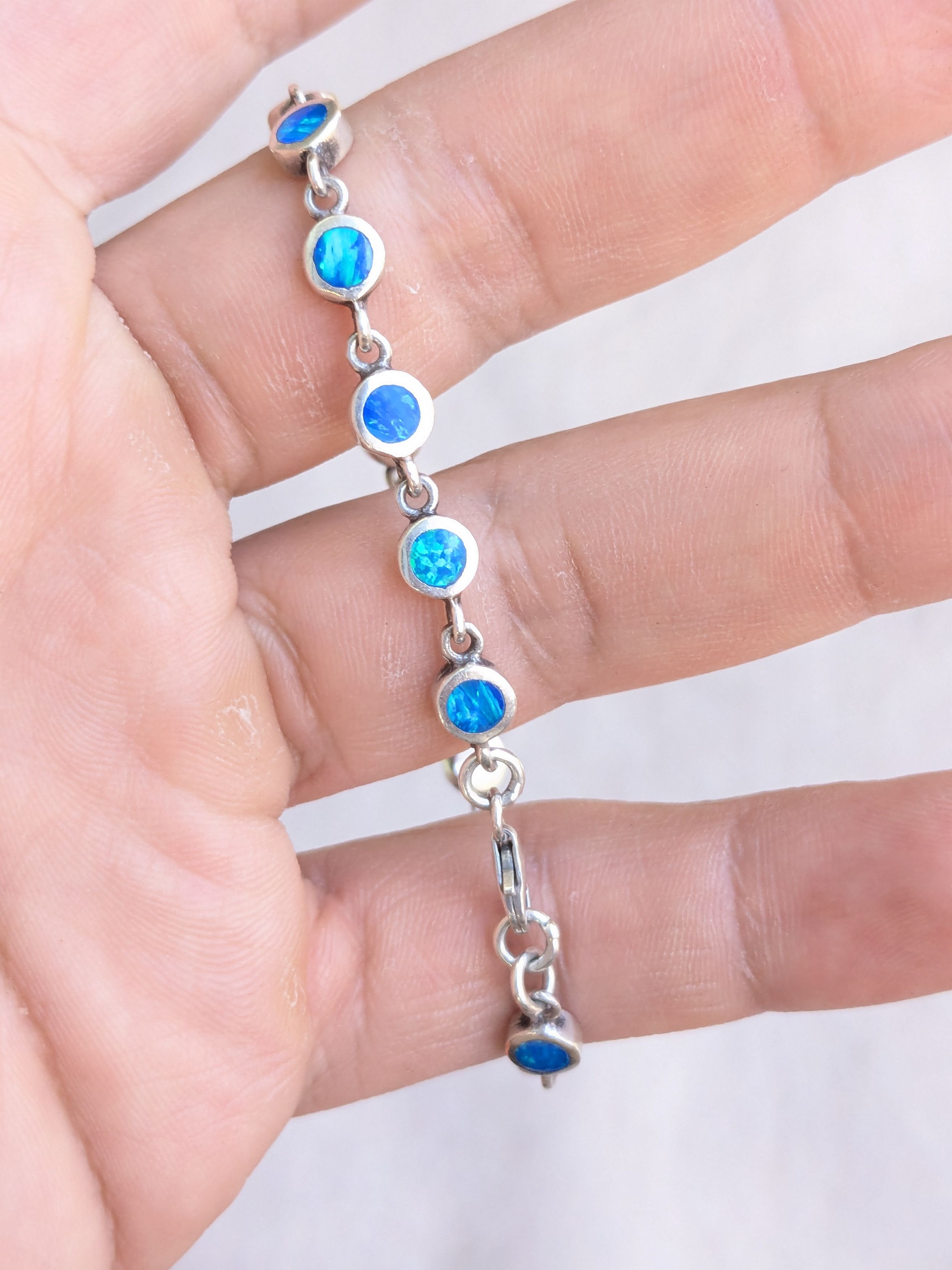 Sterling Silver Sterling Silver Tennis Bracelet Blue Fire Opal 7" Size ONE SIZE - 19 Thumbnail
