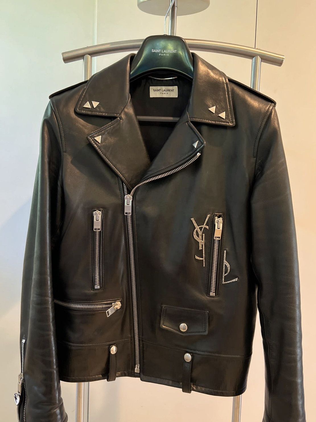 image of Saint Laurent Paris Saint Laurent L01 Leather Biker Jacket W/logo 48 in Black, Men's (Size Medium)