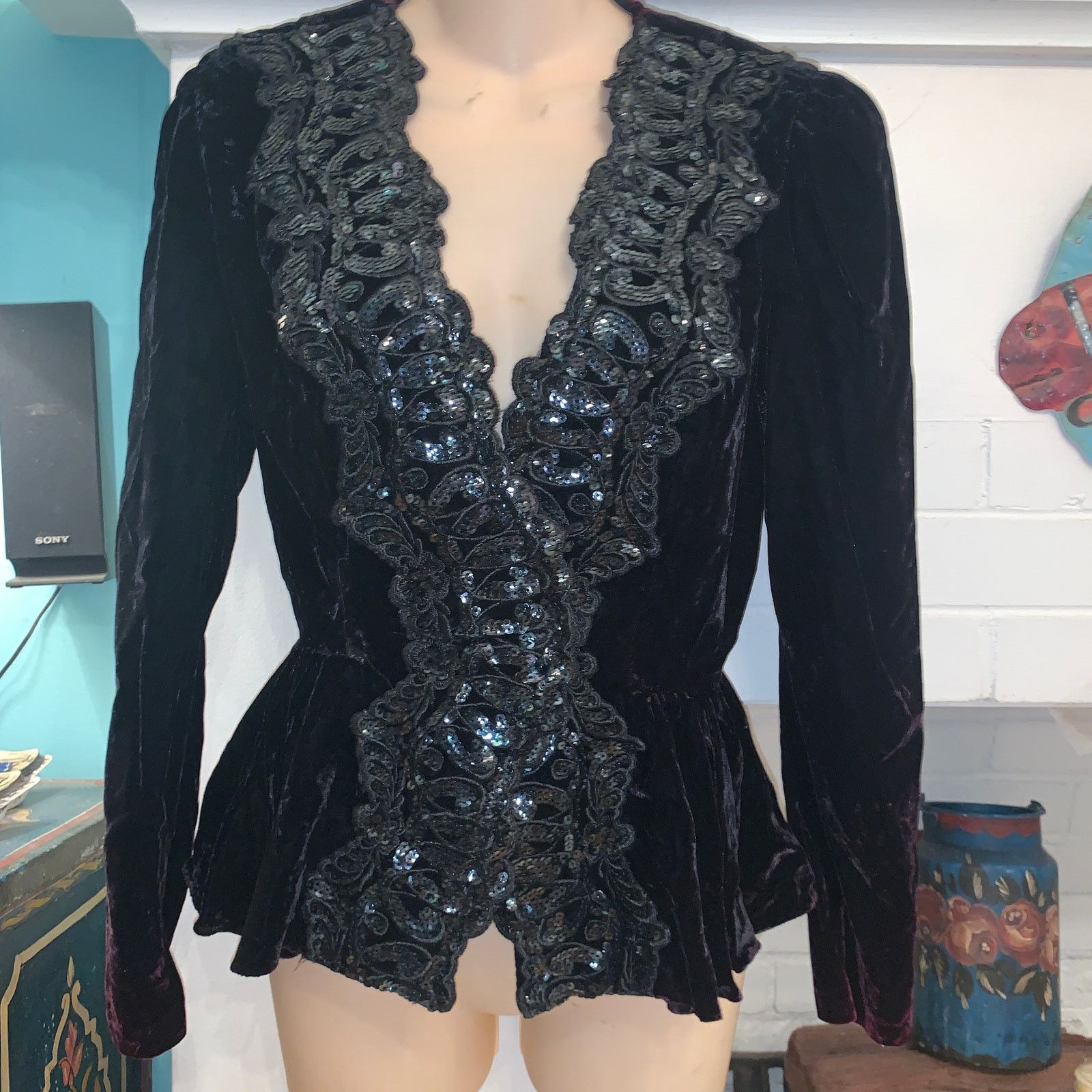 Vintage VINTAGE VELVET SEQUIN TRIM FITTED JACKET OR TOP EDWARDIAN Size S / US 4 / IT 40 - 1 Thumbnail