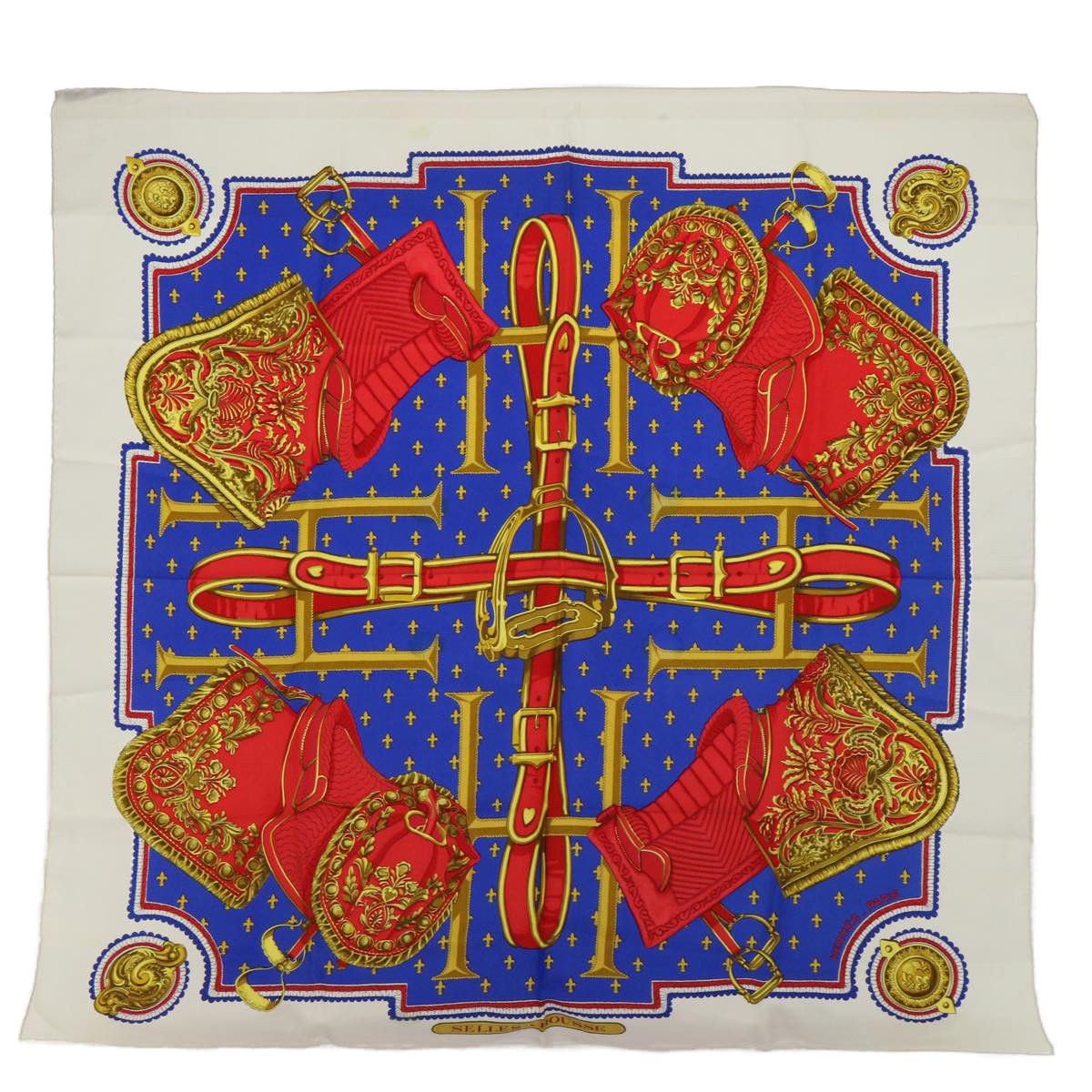 image of Hermes Carre 90 Selles A Housse Scarf Silk White Red Blue Auth 54052 in White/Red/Blue, Women's