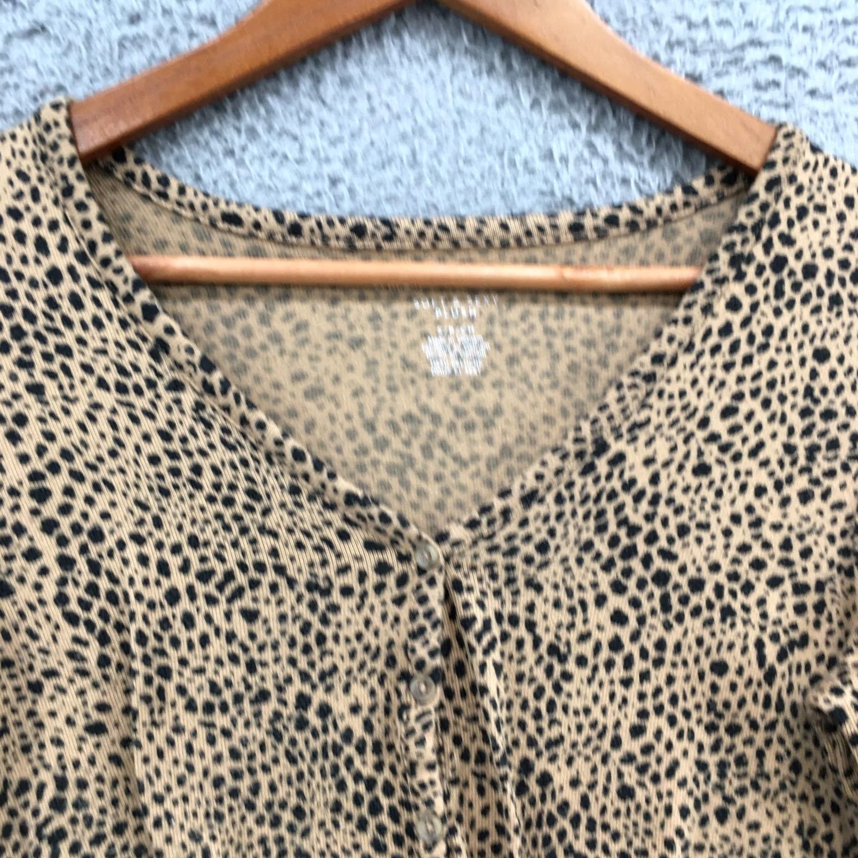 American Eagle Outfitters American Eagle Cropped Button-Up Knit Top Womens S Brown Long Sleeve Polka Dot Shirt Size S / US 4 / IT 40 - 3 Thumbnail