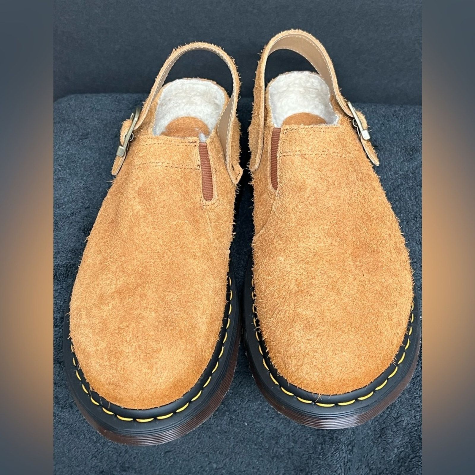 NEW Dr. Martens Isham Brown Shearling Suede Slingback Mules