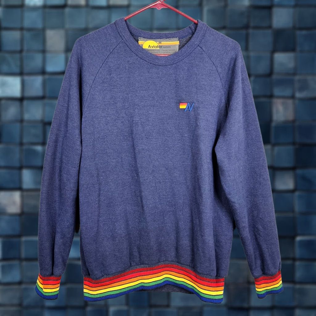 Aviator Nation AVIATOR NATION Unisex Sweatshirt Pullover Navy Rainbow Logo Cotton Polyester Crew Neck Sz M All Seasons Fall Spring Summer Winter Blue Size M / US 6-8 / IT 42-44 - 1 Thumbnail