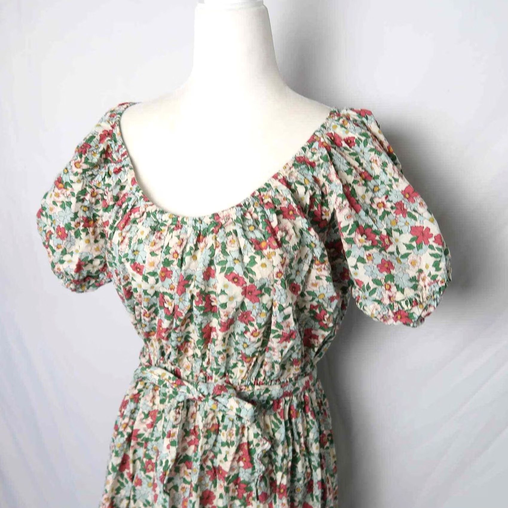 Vintage Fabrik Cream Green Pink Floral Print Cotton Midi Dress S Women's Casual Sundress Short Sleeve Size S / US 4 / IT 40 - 2 Thumbnail