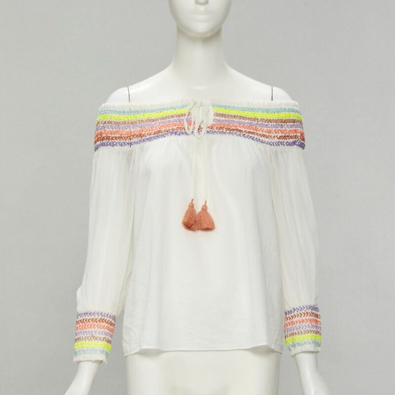Alice + Olivia ALICE OLIVIA white cotton neon braid embroidery off shoulder top S Size S / US 4 / IT 40 - 1 Thumbnail