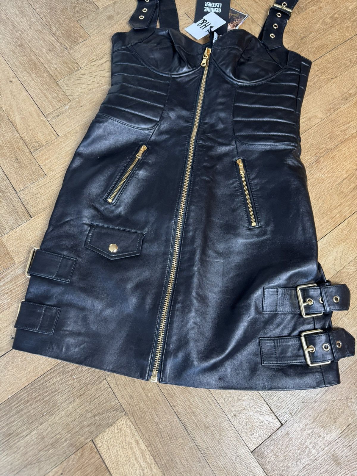 H&M × Moschino NEW Moschino x H&M Black Leather Dress Gold Details Size M / US 6-8 / IT 42-44 - 2 Thumbnail