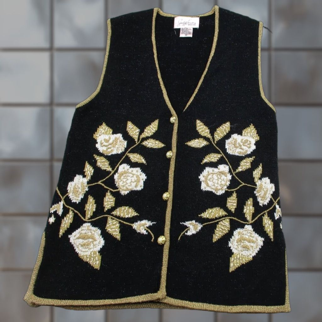 Vintage VTG Jaclyn Smith Sweater Vest Shirt Sleeveless S Black Knit Embroidered Pearl Floral Women's 90s Vintage Theme Size S / US 4 / IT 40 - 1 Thumbnail